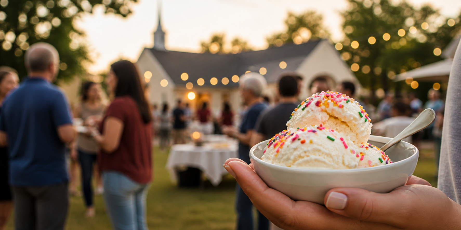 Bowls of ice cream with warm lights in the background for the centennial ice cream social.