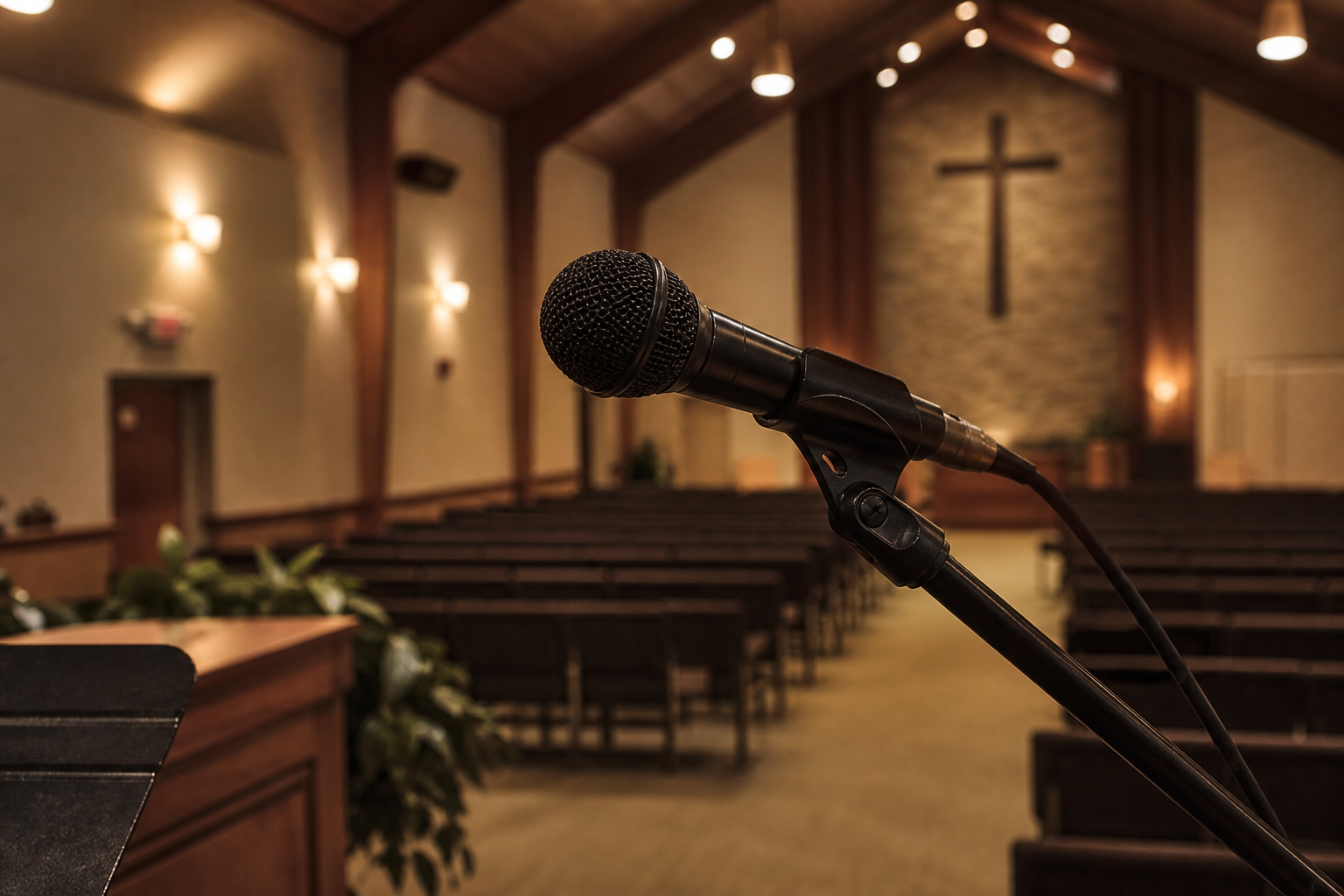 A microphone and sanctuary stage prepared for Family Life's centennial worship service.