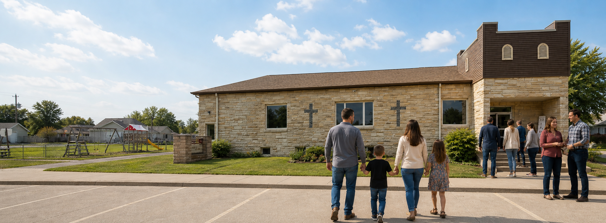 Family Life church exterior with guests arriving